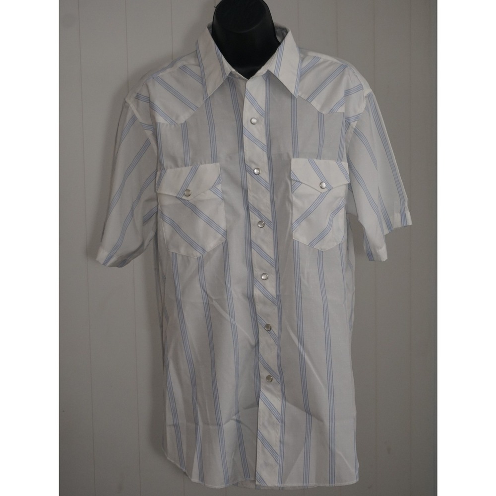 Wrangler Medium White Blue Striped Short Sleeve Western Snap Shirt